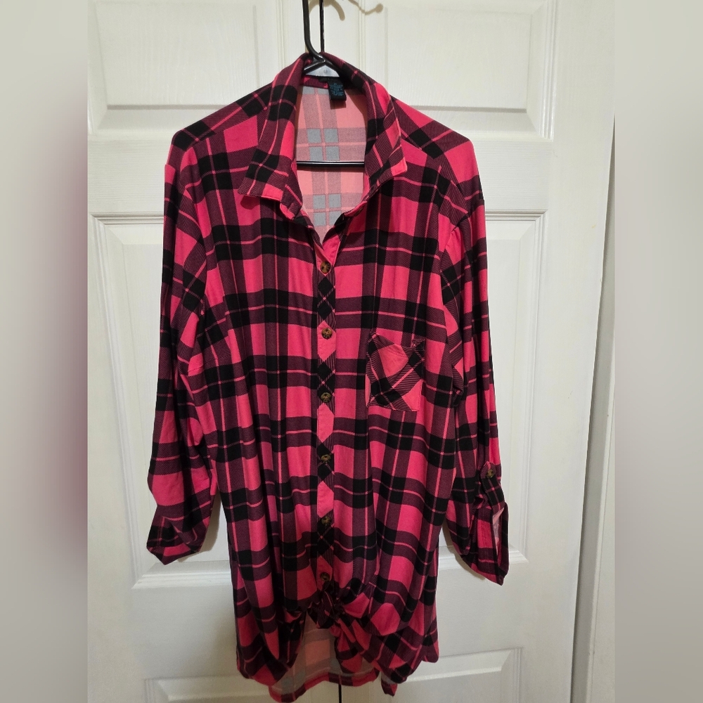 PINK and Black Plaid Button-Up Shirt